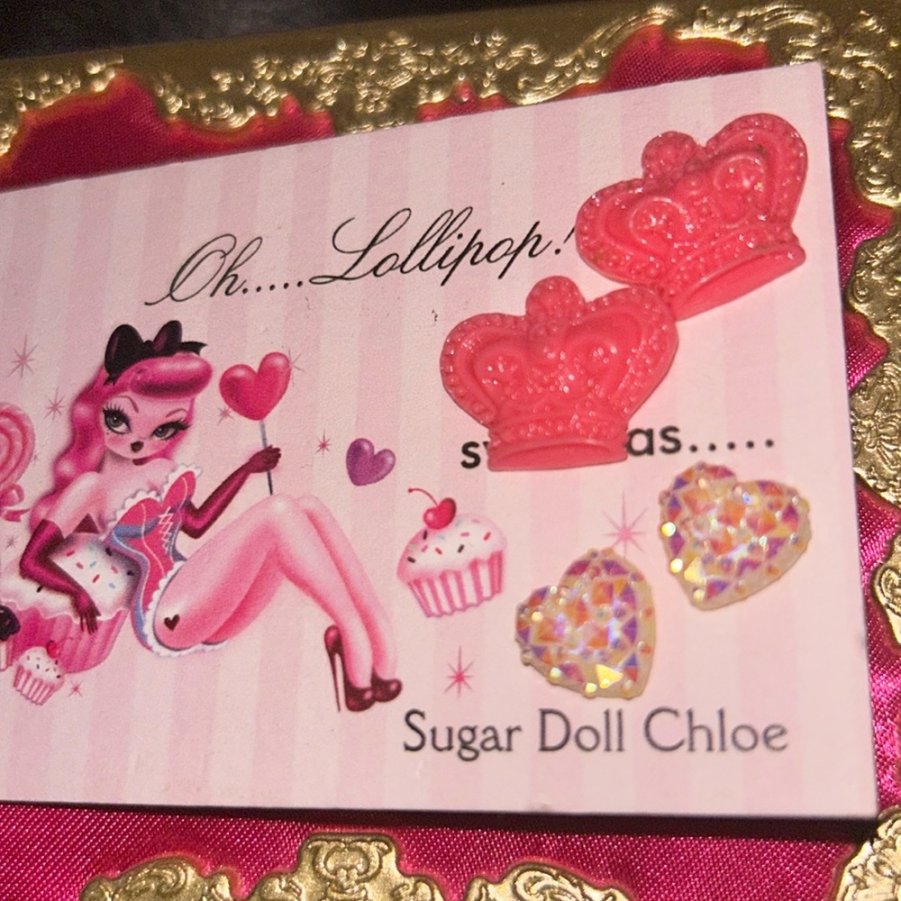 Pink juicy couture crown candy glitter heart earring oh lollipop stud post pinup